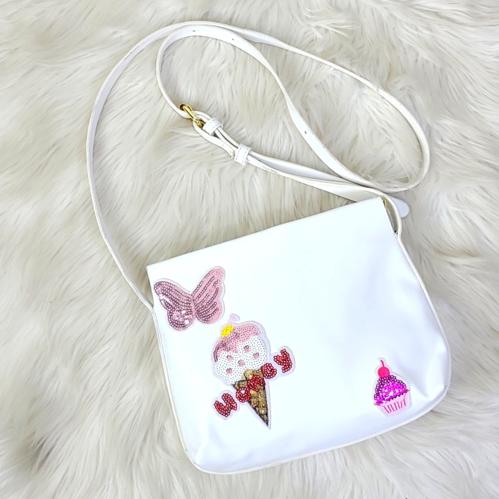 Crossbody Bag Purse White Faux Leather Sequined Embellishments Unique Summer Fun